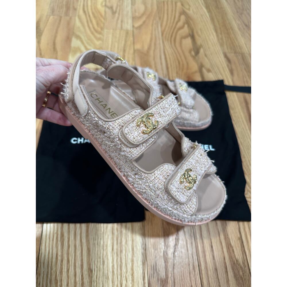 CHANEL Pink Tweed Double-Strap Logo Sandals